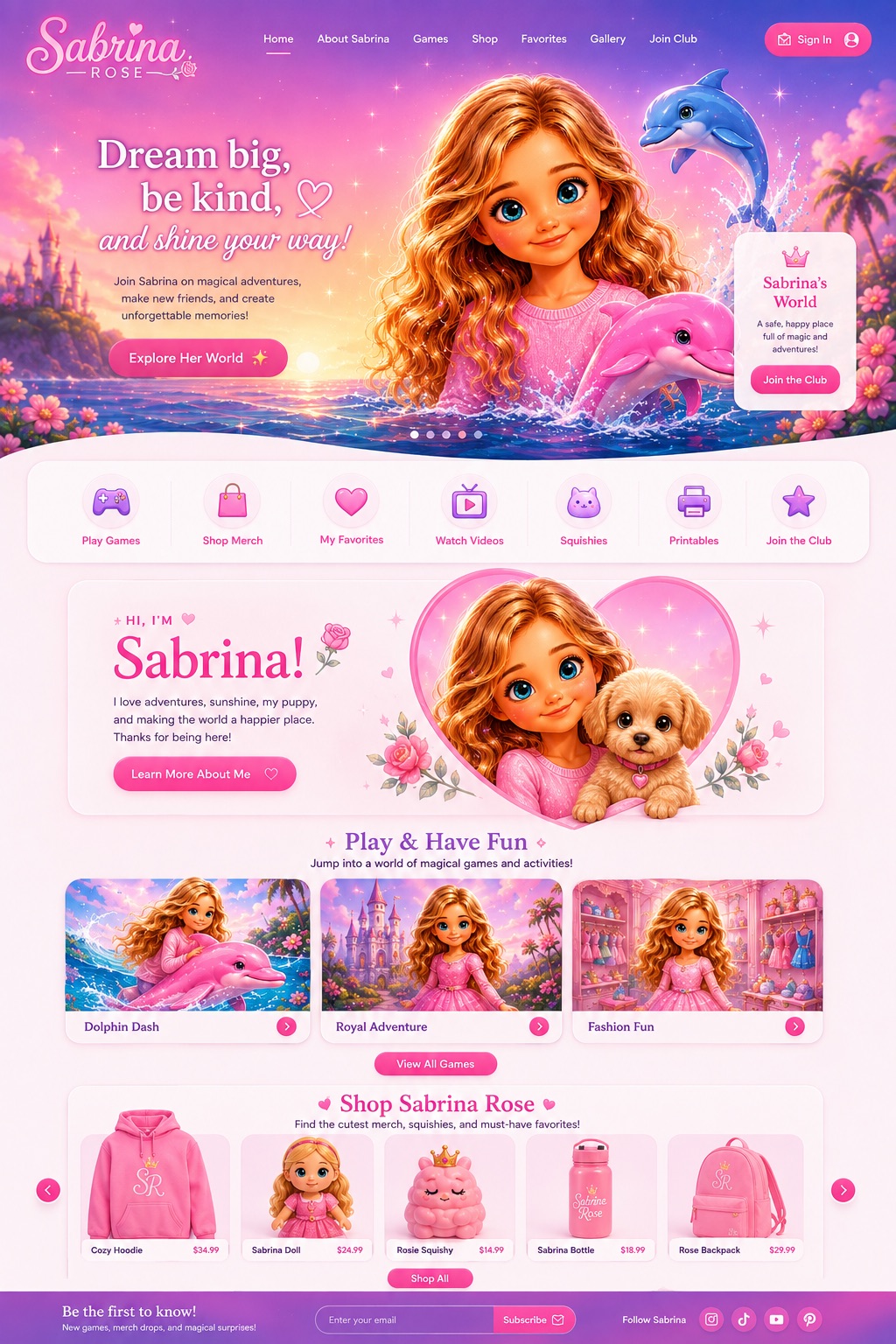 Sabrina Rose with her cat Mittens in a sparkling magical world of dolphins, castles and rainbows